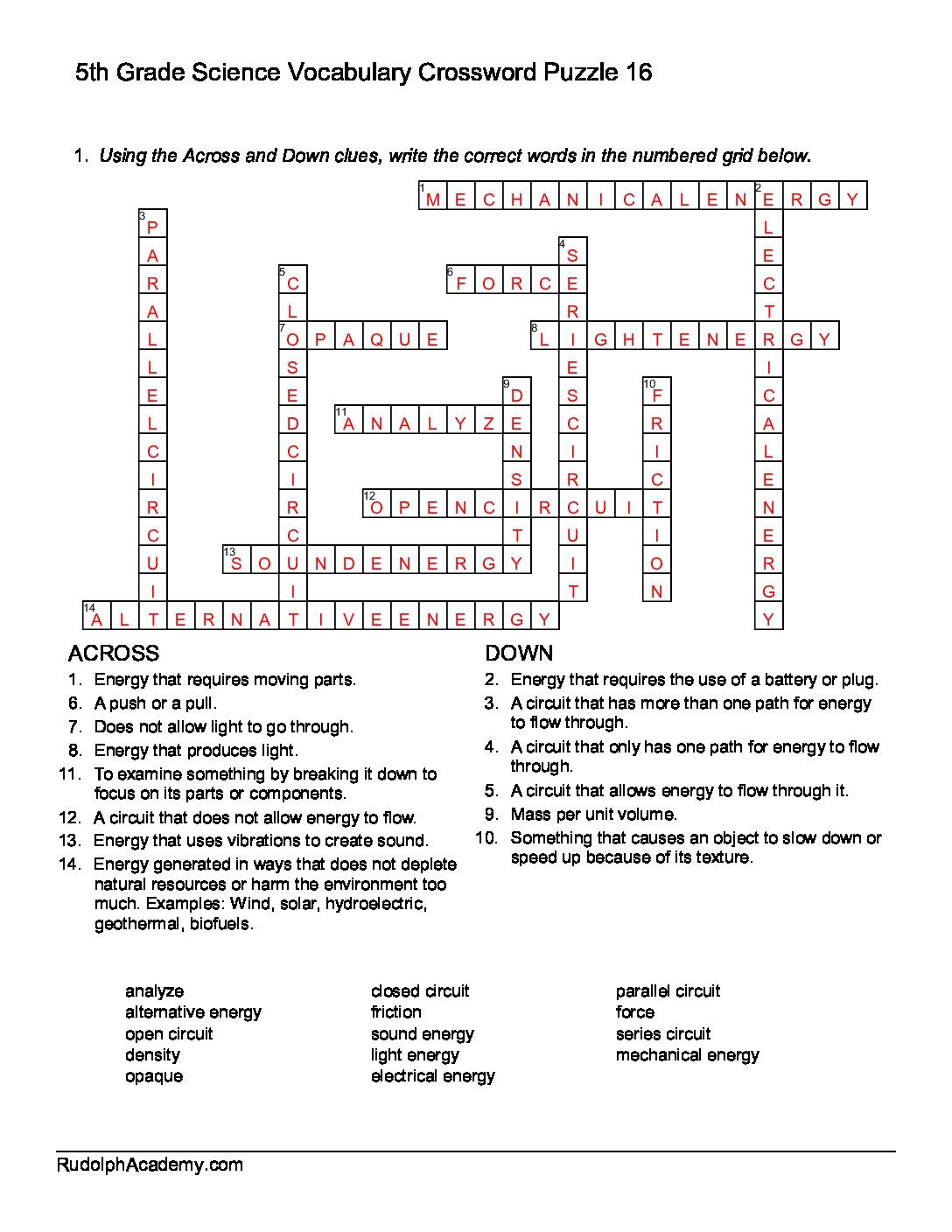 7th Grade Vocabulary Crossword Puzzles