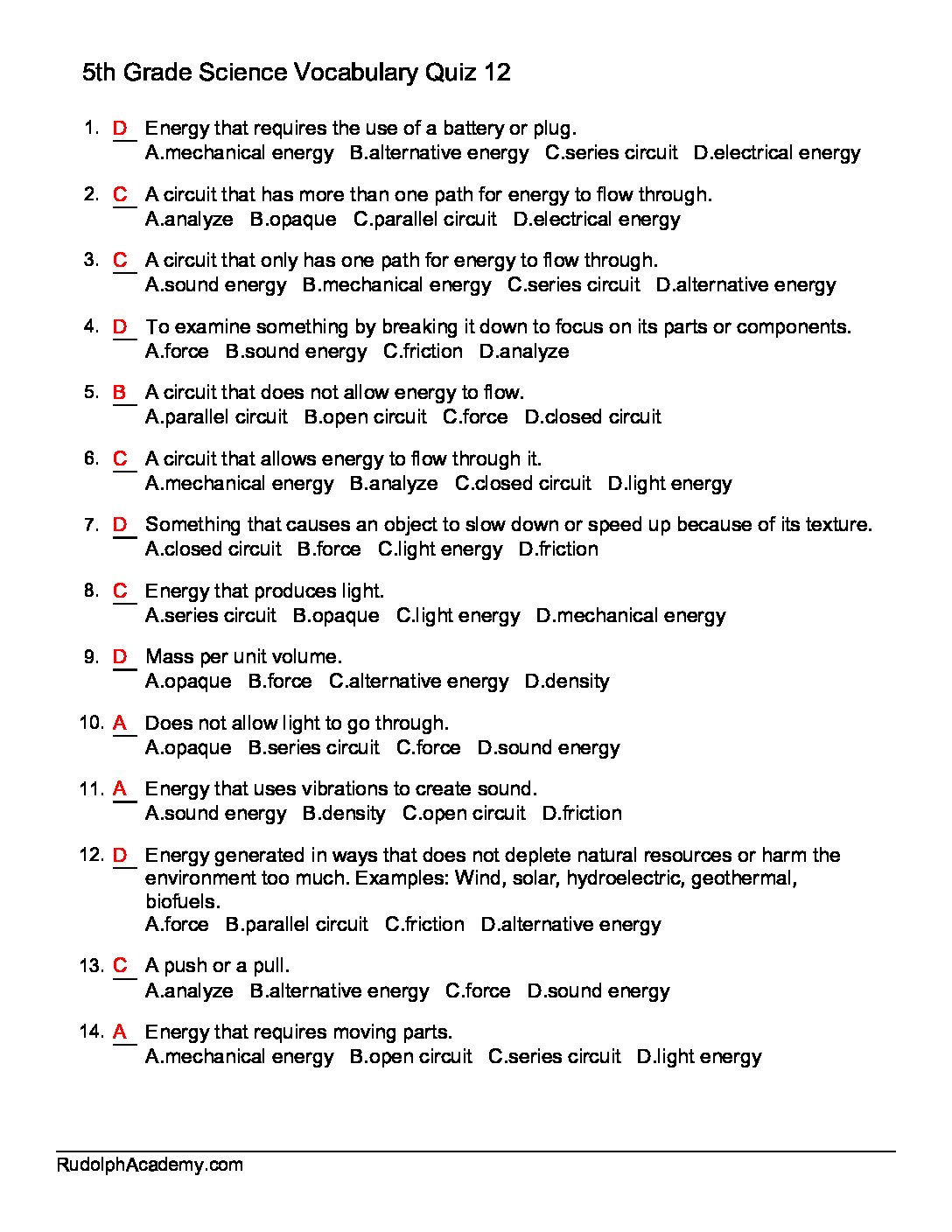 Grade 5 Science Terms Quiz 12 Answers - Rudolph Academy Resource 