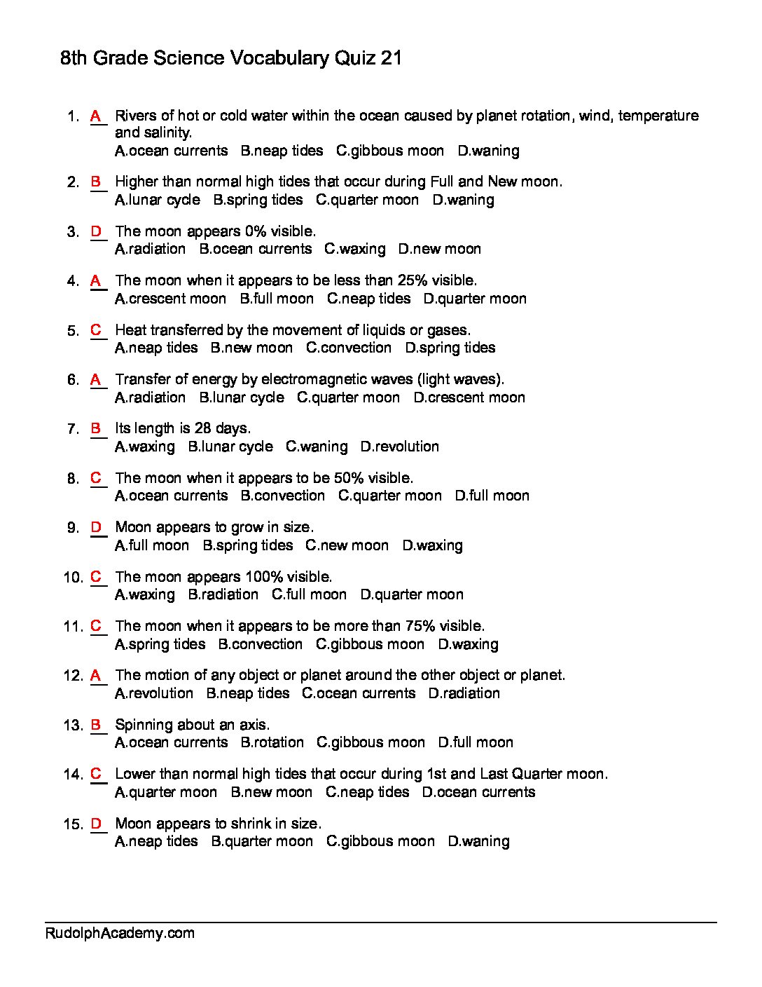 Grade 8 Science Terms Quiz 21 Answers - Rudolph Academy