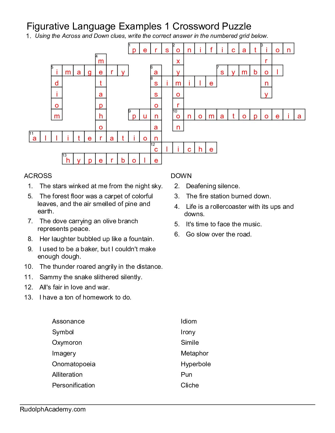Figurative Language Examples 1 Crossword Puzzle Answers - Rudolph 